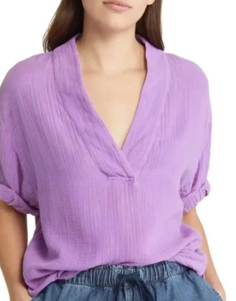 Xirena Purple Avery Gauze Popover Short Sleeve Blouse Cotton Minimalist Medium